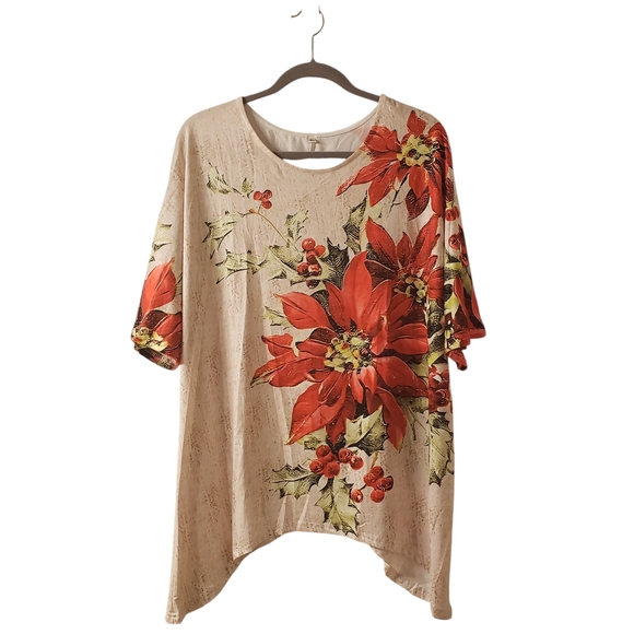 Tops - NEW! Poinsettia Print Women's Top - Red & Cream
